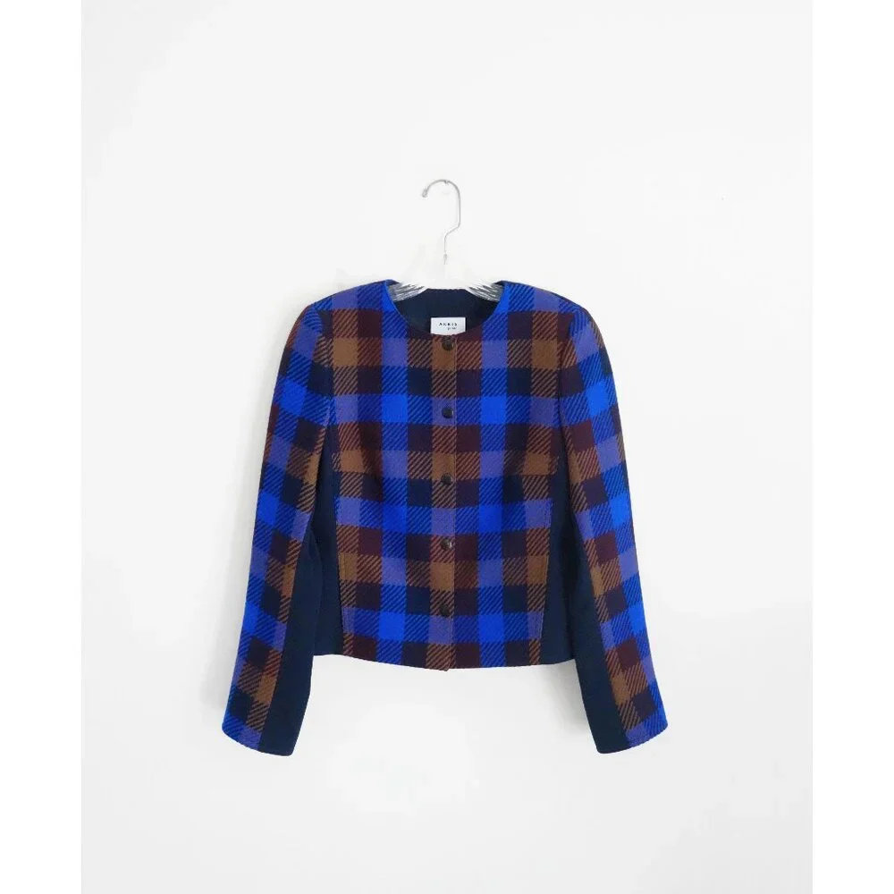 Akris Punto Blue Black Brown Plaid Wool Blazer size DE 38 US 8 - Picture 3 of 7